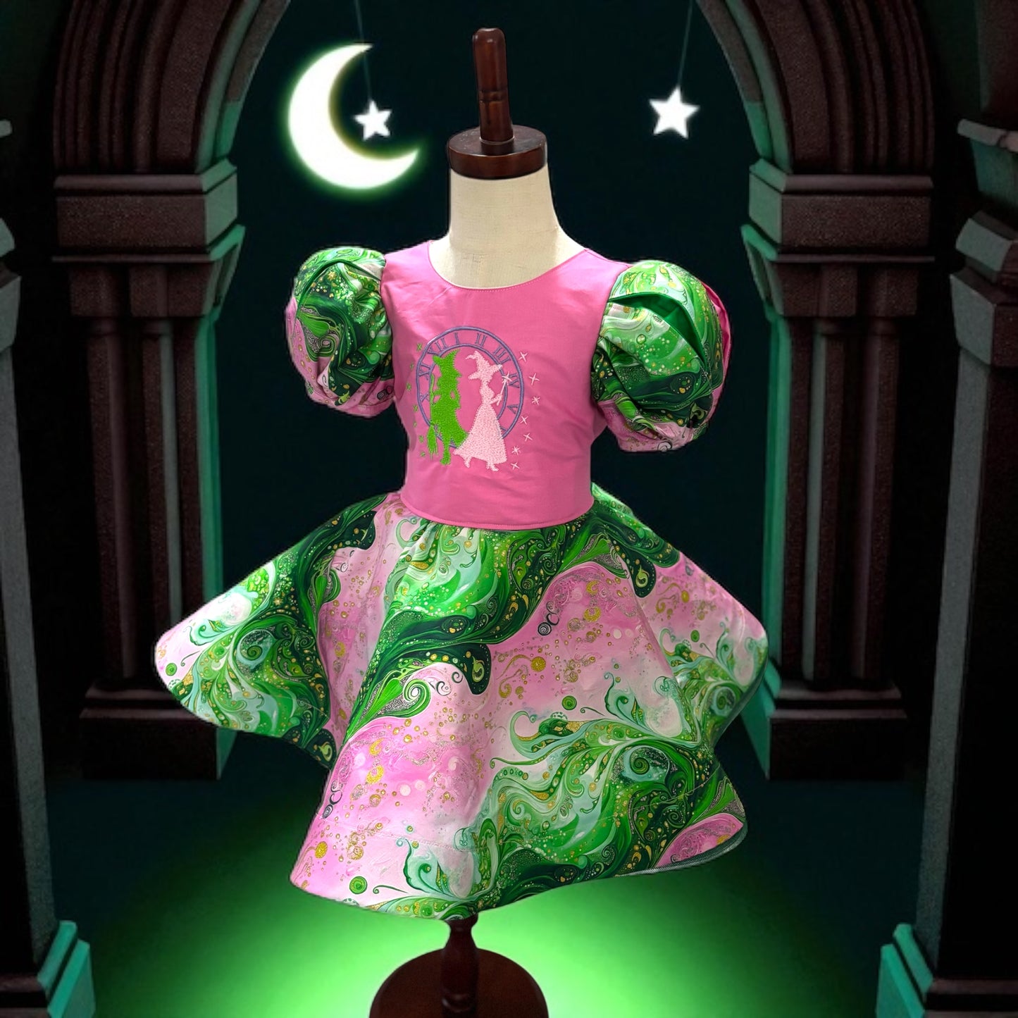Wicked-Inspired Handmade Girls Dress – Fairy Tale Puff Sleeve Twirl Dress | Magical Green & Pink Costume