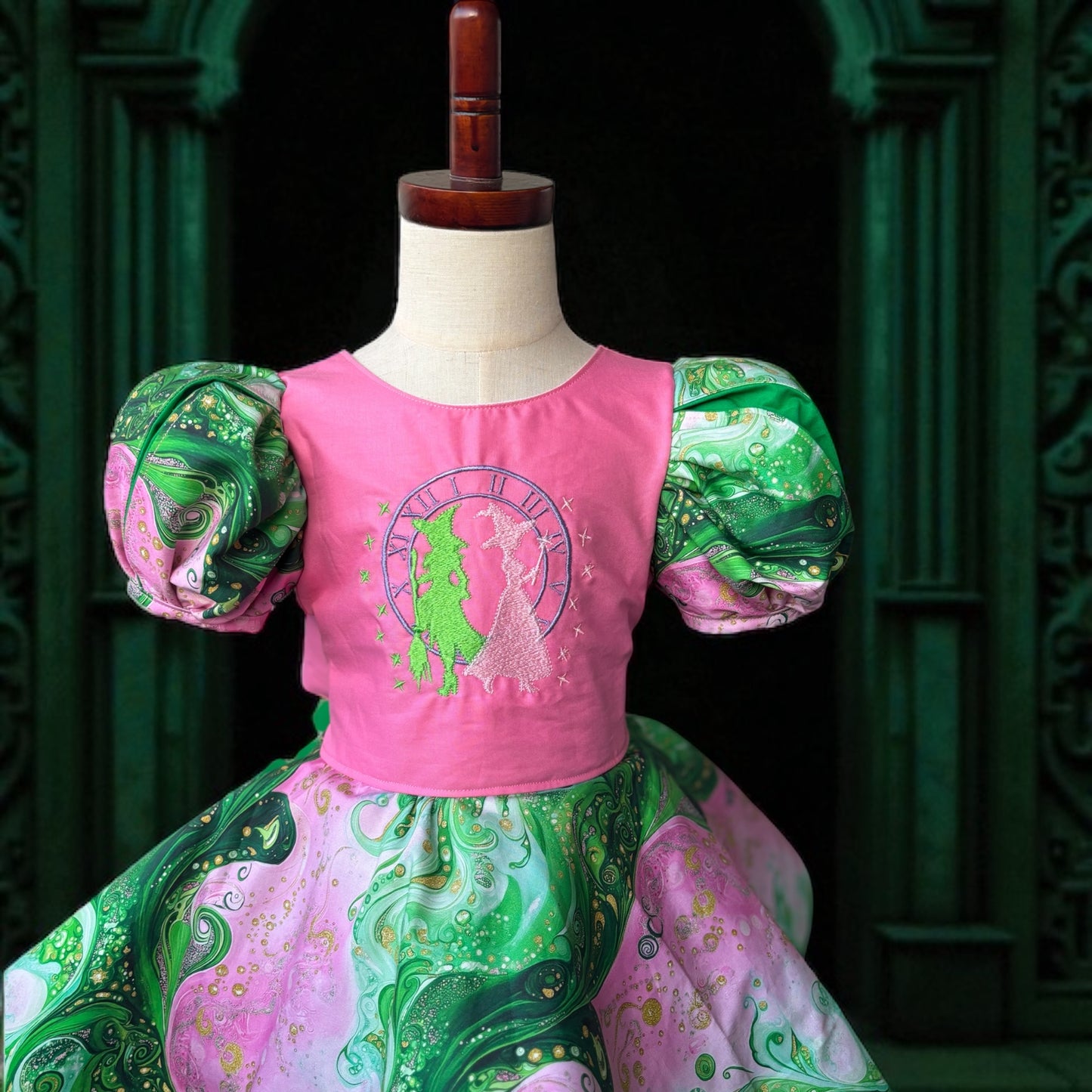 Wicked-Inspired Handmade Girls Dress – Fairy Tale Puff Sleeve Twirl Dress | Magical Green & Pink Costume