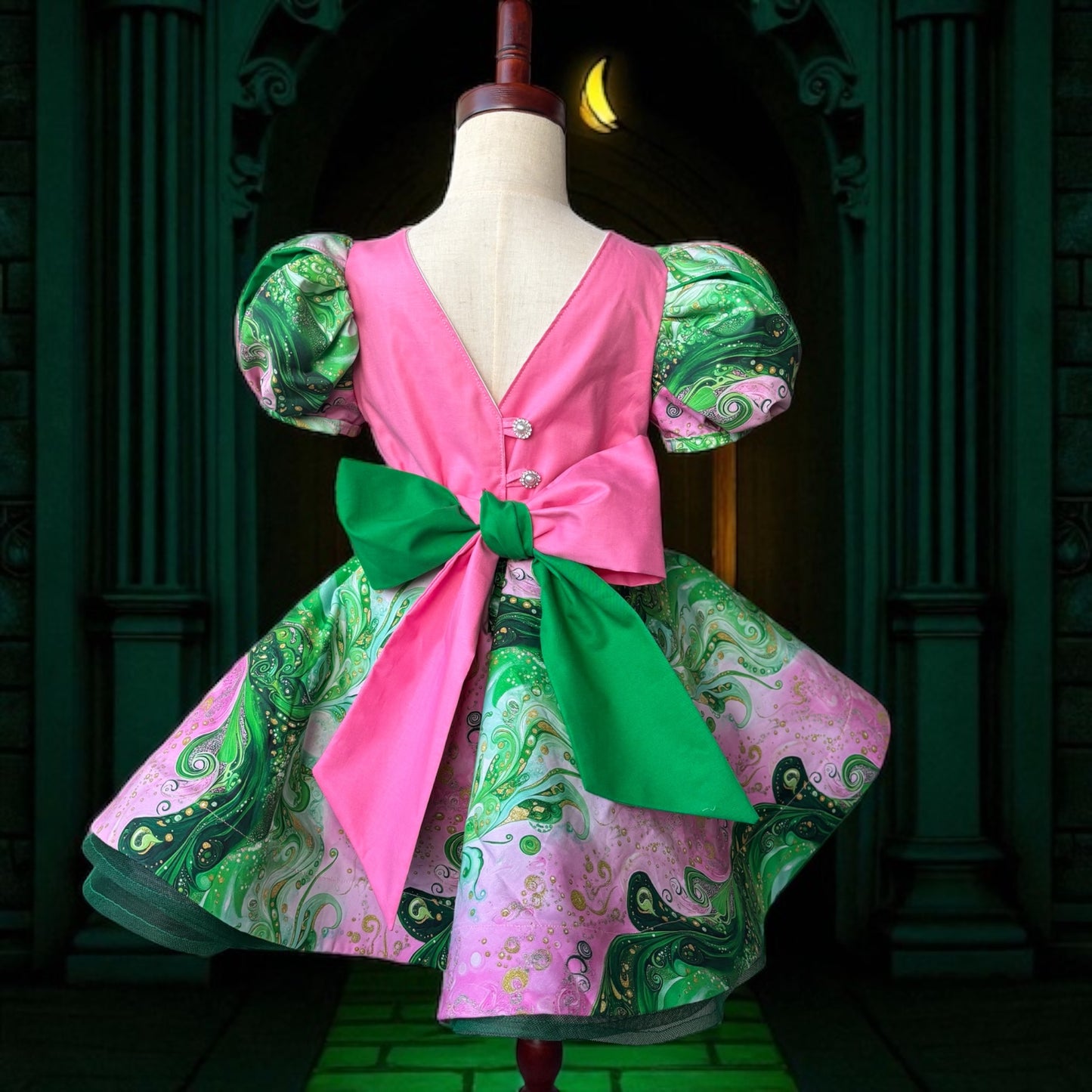 Wicked-Inspired Handmade Girls Dress – Fairy Tale Puff Sleeve Twirl Dress | Magical Green & Pink Costume
