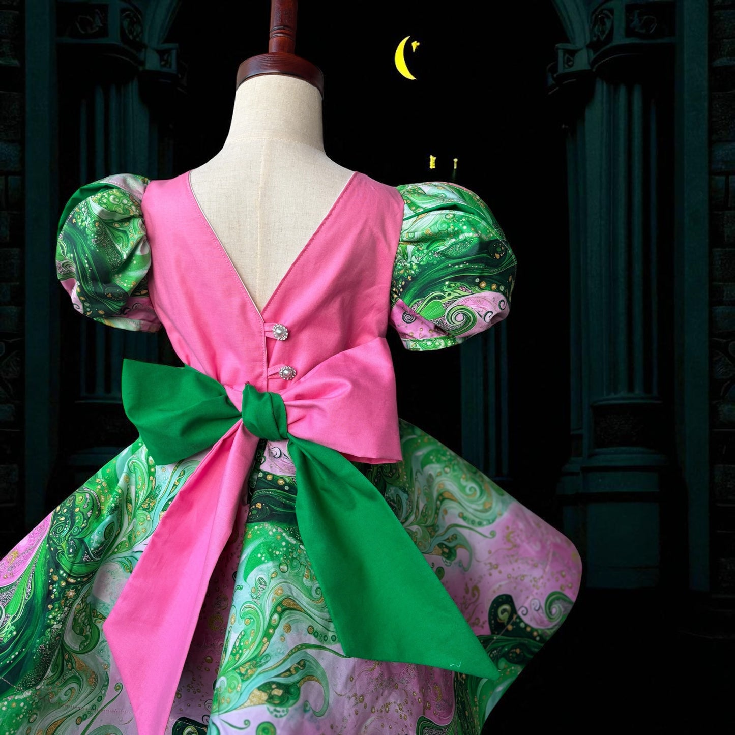 Wicked-Inspired Handmade Girls Dress – Fairy Tale Puff Sleeve Twirl Dress | Magical Green & Pink Costume