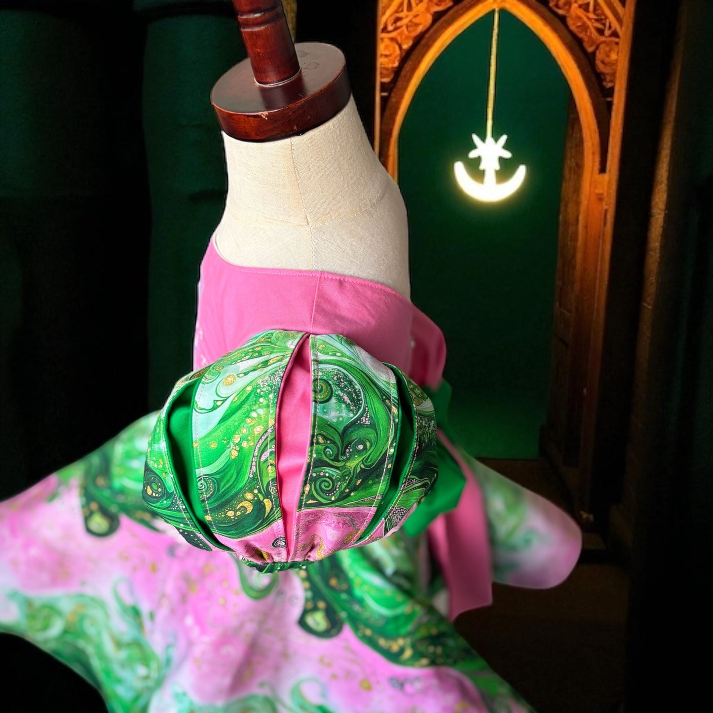 Wicked-Inspired Handmade Girls Dress – Fairy Tale Puff Sleeve Twirl Dress | Magical Green & Pink Costume