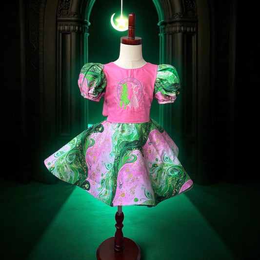 Wicked-Inspired Handmade Girls Dress – Fairy Tale Puff Sleeve Twirl Dress | Magical Green & Pink Costume